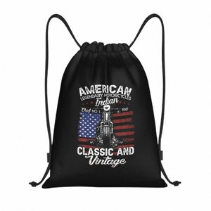 American Flag Biker Motorcycle Vintage Indian Bike Drawstring Bags Gym Bag Quente Leve w4xp #