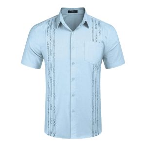 Mäns korta ärm Linen Shirt Cuban Beach Tops Pocket Guayabera Shirts Outdoor Apparel