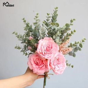 Wedding Flowers Meldel 1 Bundle Imitation Artificial Greenry Bouquet Silk Fake Roses Eucylaptus For Home Decoration Faux Flores