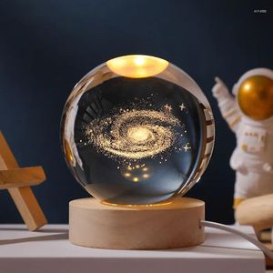 Dekorativa figurer 6cm 3D Crystal Ball Glass Planet Led Warm Night Light Laser Graverad Solar Globe Universe Birthday Present Trä