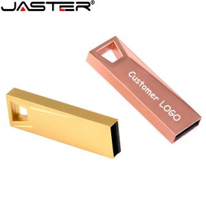 JASTER USB Flash Drive Mini Metal 2.0 Gold 64 GB 32 GB Gratis graverad logotyp 16 GB Anti Drop Extern Drive Memory Stick Keychain Gift