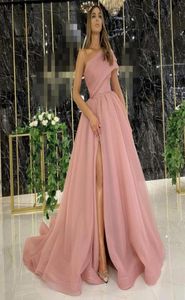 Dusty rosa elegante vestidos de noite com dubai vestidos formais festa vestido de baile árabe médio oriente um ombro alta divisão organza3953812