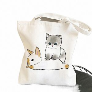 Kawaii Rabbit Cats Carto Shopper väskor handväskor duk axelpåsar kvinna butikspåsar hög kapacitet tygväska strandväska m7ci#