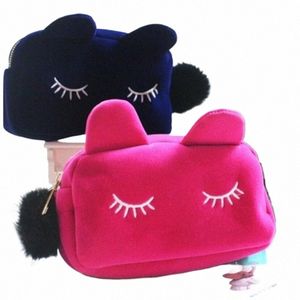 cute Cat Plush Makeup Bag for Women Portable Travel Cosmetic Bags Solid Color Zipper Toiletry Bag Wing Pouch Storage Bags H3ou#