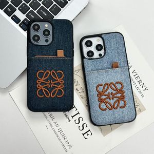 Designer Stylish Phone Cases Luxury Denim Blue Cellphone Cover Fall för iPhone 12 13 14 15 Pro Max med korthållare spegel