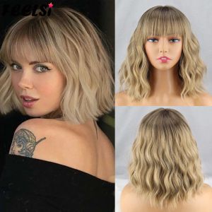 Perücken Kurzplatin Bob Synthetische Perücken schwarz rosa blonde omber wellige Perücke dunkle Wurzeln mit Pony for Women täglich natürliches Cosplay