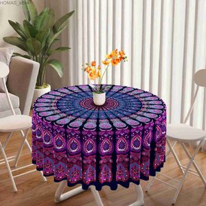 Table Cloth 1 Piece Peacock Mandala Circular Tablecloth Waterproof Terrace Dining Table Cover Purple Red Yellow Blue 63 inch Tablecloth Y240401