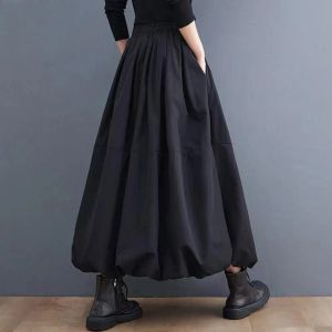 Japanese Style Women Maxi Skirt High Waist A-Line Long Skirt Solid Color Pockets Puff Skirt Loose Fit High Waist Women Skirts