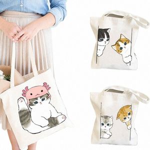 cute Cat Bags Large Capacity Harajuku Carto Vintage Hip Hop Shop Bag Canvas Bag Funny Women's Shoulder Bags Kawaii Girls 945M#