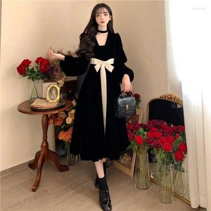 Casual Dresses French Style Drawstring Lace Up Bow Velvet Dress Women High Waist Long Sleeves Midi Korean A Line Vestidos Autumn Winter