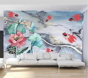 Wallpapers Wellyu personalizado papel de parede papéis de parede decoração de casa tinta aquarela pintado à mão lótus goldfish estilo chinês sala de estar tapeta