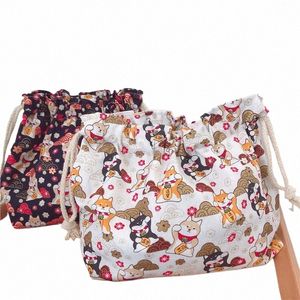 Японский стиль Cott Drawstring Bag Двухслойный утолщенный органайзер Сумка Bento Lunch Box Сумка для хранения для студентов Office w7oP #