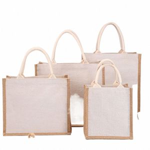 Kvinnor säckväv jute tote shoppväska vintage återanvändbar förvaring handväska ctrast färg livsmedelsväska stor kapacitet damer linne väskor 25sv#