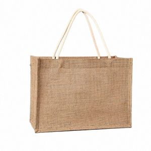 jute Tote Bags Burlap Reusable Beach Shop Grocery Bag with Handle Large Capacity Travel Storage I52r#