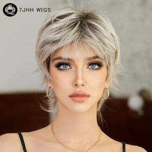 Wigs 7JHH WIGS Short Straight Ombre Blonde Wig for Women Daily Cosplay Use Nathural Synthetic Black Bob Wigs with Bangs High Quality