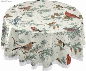 Toalha de mesa vintage árvore cardeal mesa redonda pano de inverno pássaros ic poliéster toalha de renda branca 60 polegadas para decoração de mesa de jantar y240401