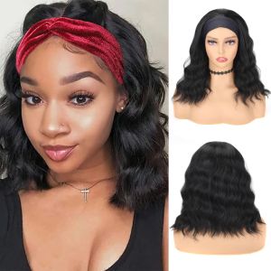 Wigs Headband Wig for Black Women Synthetic Hair Water Wave Women's Short Wig 14" Green Grey Brown Red Pink Bob Wig with Headband
