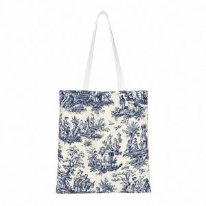 Nomades Artsy Vintage Toile De Jouy Market Dükkanı Tote Çanta Kadın Komik Donanma ve Beyaz Canvas Omuz Alışveriş Çantaları Çanta M4UW#