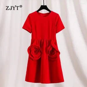 Party Dresses ZJYT Spring Summer 3D Floral Red Dress Women 2024 Runway Elegant Short Sleeve Cocktail Knee Length Black Vestidos