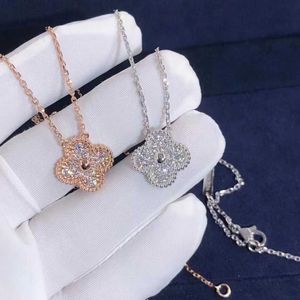 Brand originality 925 Sterling Silver Van Full Diamond Clover Necklace Plated with 18K Gold Lucky Grass Pendant Collar Chain High Version jewelry