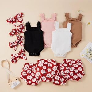 Clothing Sets FOCUSNORM Summer Cute Baby Girls Clothes 3pcs Knit Ruffles Sleeveless Romper Flowers Shorts Headband