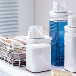 Tvättpulver tvättmedel dispenser matkorn ris lagring behållare häll pip mät kopp tvättmedel lådan spannmål dispenser