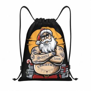 Christmas Santa Claus DrawString ryggsäck Kvinnor Män sport Gym Sackpack Foldbar Santa är fet och cool butiksväska säck B1ZH#