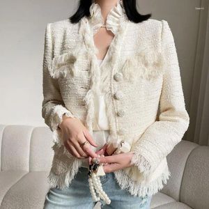 Kvinnors jackor elegant beige tasseljacka för kvinnor 2024 Autumn Winter Vintage V-ringning Kort ull blandar rockar koreanska mode chaqueta
