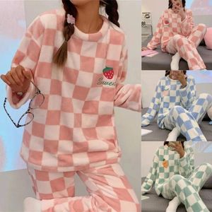 Home Clothing Autumn Winter Women Warm Flannel Fleecing Pyjamas Set Kawaii Cartoon Plaid Girls Homewear Long Sleeve Cute Sleepwear Night