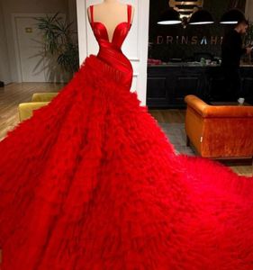 Luxury Red Mermaid Evening Dresses Tiered Ruffles Spaghetti Straps Illusion Prom Gowns Women Red Carpet Celebrity Dress6079163