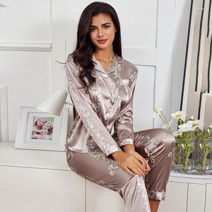 Startseite Bekleidung Damen-Pyjama-Set, Frühling, Satin-Seiden-Nachtwäsche, Langarm-Oberteil und Hose, Pyjama, 2-teilig, Homewear, Pijama Mujer, Loungewear