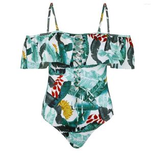 Roupa de banho feminina babados fora do ombro feminino um pedaço maiô com estofamento removível sem costas impresso monokini beachwear maiô
