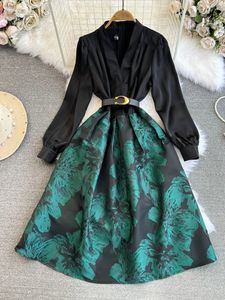 Mulheres básicas vestidos casuais pista de luxo flor jacquard retalhos midi vestidos para mulheres elegantes com decote em v manga longa escritório trabalho cinto midi vestido 2024