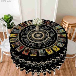 Bord trasa 1 bit tarot cirkulär bordsduk vattentät färg terrass matbord täcker multi-purpose handduk 63 tum svart guld bordsskiva y240401