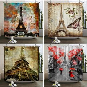 Cortinas de chuveiro retro paris torre cenário impresso cortina poliéster à prova dwaterproof água banheiro cidade vista banho decoração pano parede