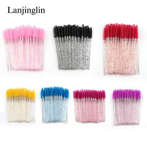 فرش Lanjinglin 5/50 PCS/حزمة يمكن التخلص منها التخلص من الكريستال الرموش فرشاة الفرشاة الماس مقبض الماسكار