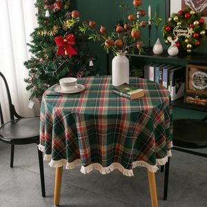 Bordduk Pläd Tasslar Juldekoration Tabelduk Rund vävd polyester bomullsröd grön täckning för hemfest matsedekor