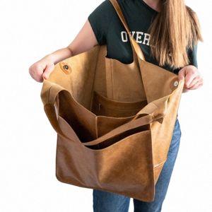 Винтажная кожаная большая сумка ручной работы, пляжная сумка большой емкости на молнии, однотонная сумка на плечо, женская многофункциональная сумка n3eR #