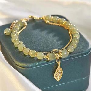 Зеленый нефритовый браслет Hetian в китайском стиле для женщин, винтажный браслет золотого цвета с листьями, двухслойный браслет из бисера, ювелирные изделия, подарки