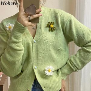 Women's Knits 2024 Women Clothing Knitting Cardigan Coat Korean Temperament Sueter Chic 3D Floral Cropped Sweater Vintage Casual Pull Femme