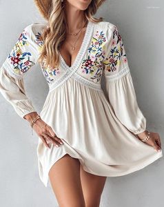 Casual Dresses Style for Women 2024 A Line Dress Spring Summer Fashion Long Sleeve V-Neck Floral Embroidery Lace Patch