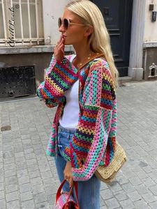 Autumn Colorful Knit Crochet Cardigan Women Casual Flare Long Sleeve Loose Sweater Female Y2K Chic Hollow Out Streetwear 240323