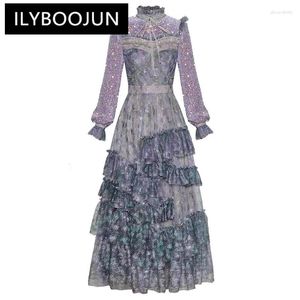 Casual Dresses Ilyboojun Fashion Designer Autumn Mesh Dress Women Stand Collar Lantern Sleeve Sequins Flower Print Vintage Party Midi