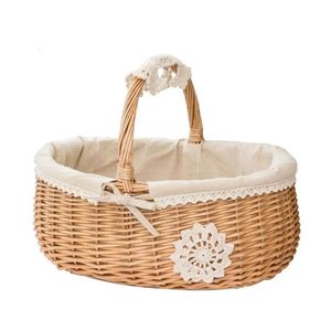 Korb für Picknick, Korbgeflecht mit gewebten Blumengriffen, Aufbewahrungskörbe für Ostern, dekorativer Hochzeit-Rattan-Weiden-Organizer, Mädchen-Geschenk 240318