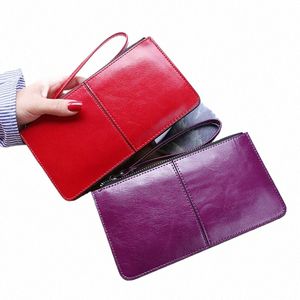 Frauen Vintage Öl Wachs Leder Reißverschluss Kupplung Brieftasche Weibliche Große Kapazität Geldbörse Damen Armband Einfache Kartenhalter Brieftasche w9Ce #