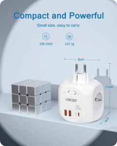 LENCENT UE Plugue da parede Extender com 4 AC +QC3.0USBX2 +1 TIPO C PD20W Adaptador de carregador rápido 7 em 1 Soquete ON/OFF