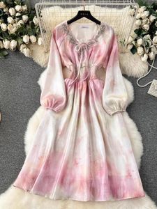 Casual Dresses French Elegant Tie-Dye Gradient Pink Dress 2024 Summer Romantic One Piece Fairy Diamonds V Neck Bow Evening Prom Vestidos