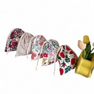 Cott Linen Floral Storage DrawString Bag Kvinnor Finish förvaringspåse Söt makeup Väska Julgåva Candy Jewelry Organizer S5Y1#