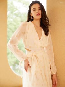 Casual Dresses Polyester Daisy Floral White Women Elegant Long Sleeve Beach Dress V Neck Sexy Bandage Summer 2024