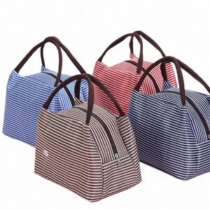 insulated Cooler Lunch Box Portable Striped Canvas Insulated Work Travel Picnic Lunch Bags Durable Carry Cooler Food Storage Bag 75iP#